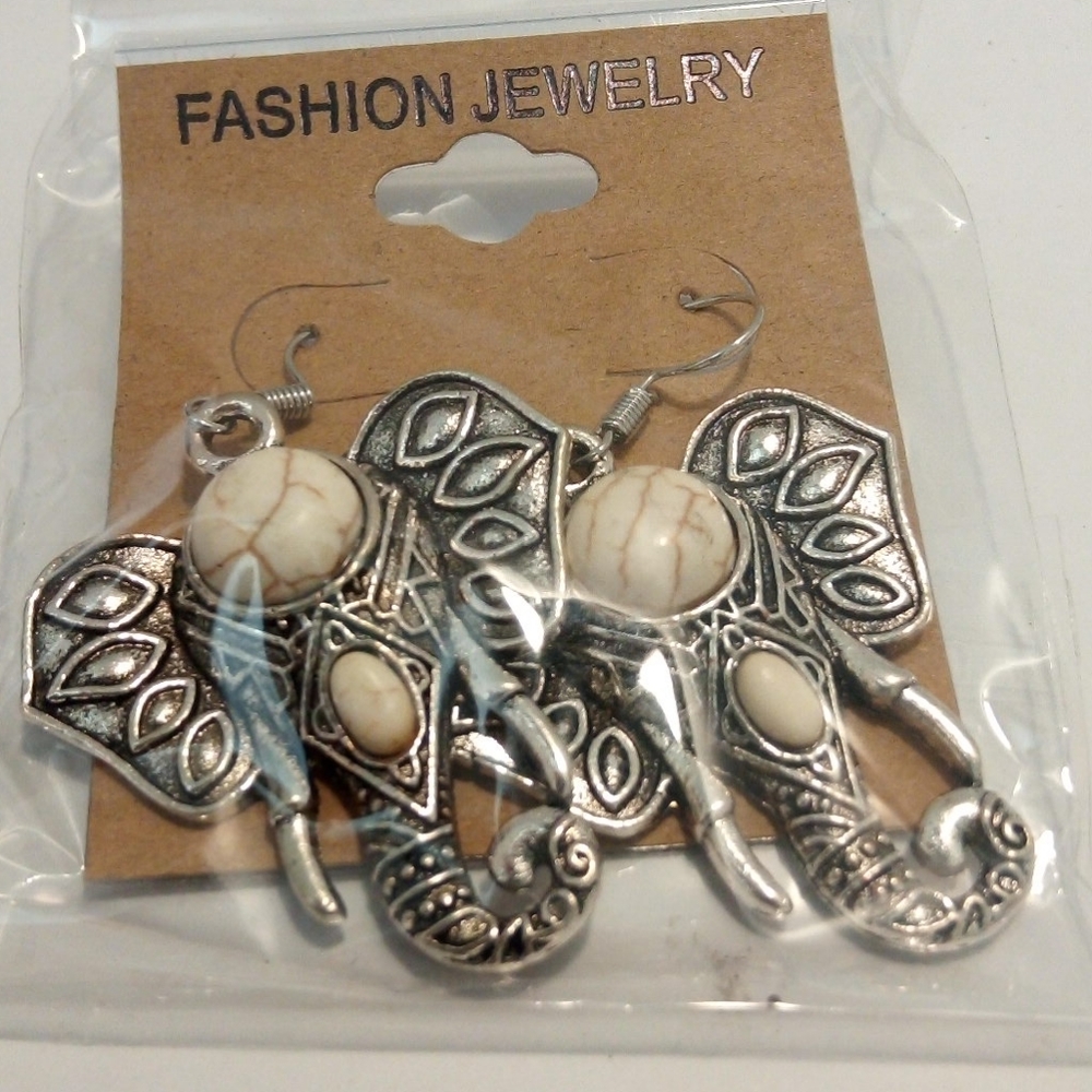 Silver/White Large Elephant Head Earrings - Picture 3 of 3
